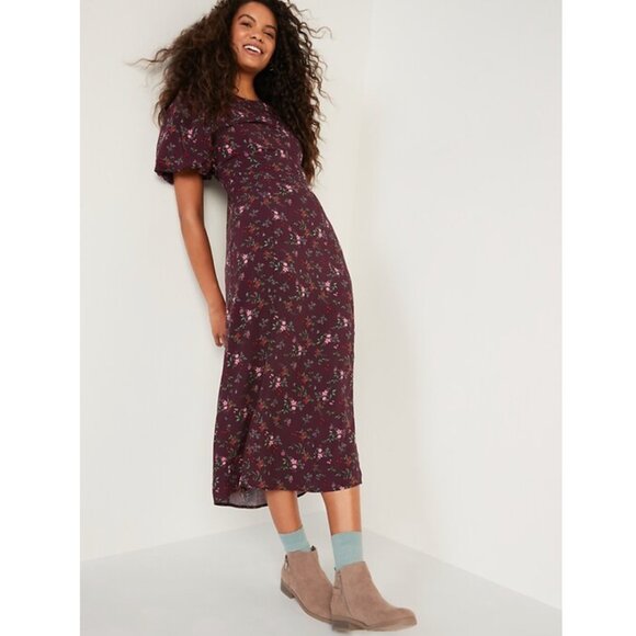 Old Navy | Short Puff Sleeve Plum Burgundy Floral Midi Dress  | Size 3X - Picture 3 of 16